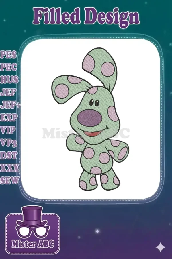A vibrant embroidery design of Green Puppy from Blue's Clues, featuring light green fur with pink polka dots and a cheerful expression.