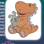 Cute Orange Dinosaur Hugging Green Polka Dot Bunny Embroidery Designs - Instant Download
