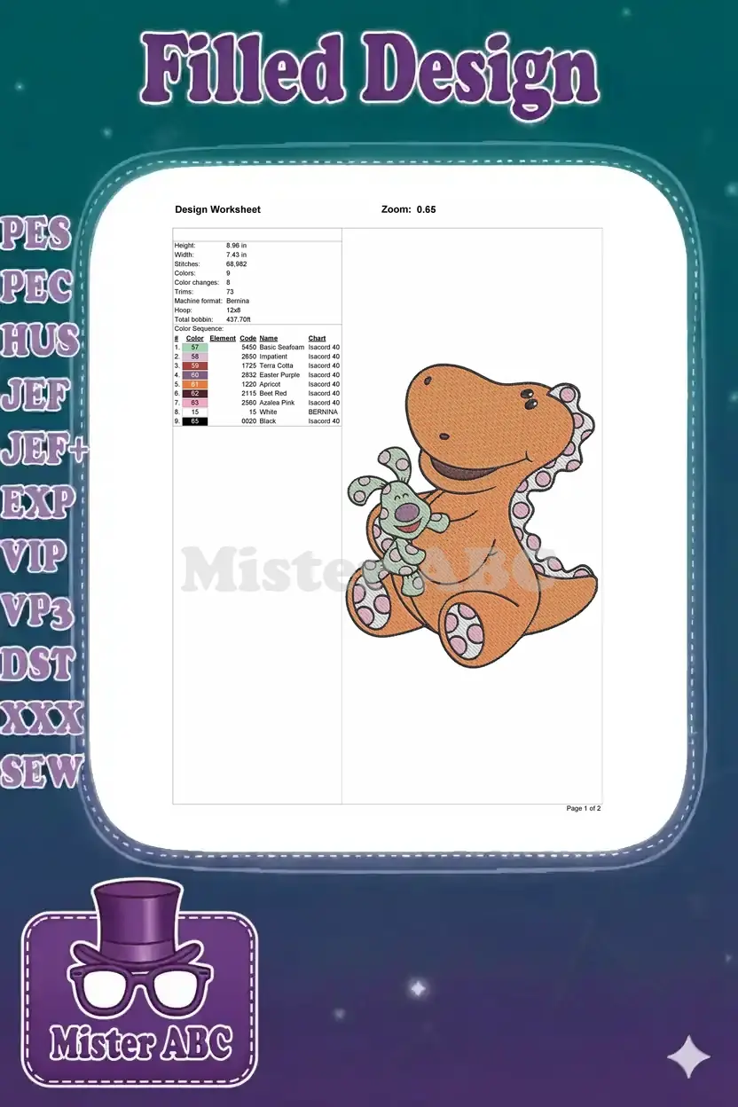 A detailed embroidery design worksheet displaying dimensions, stitch count, color sequence, and machine specifications.