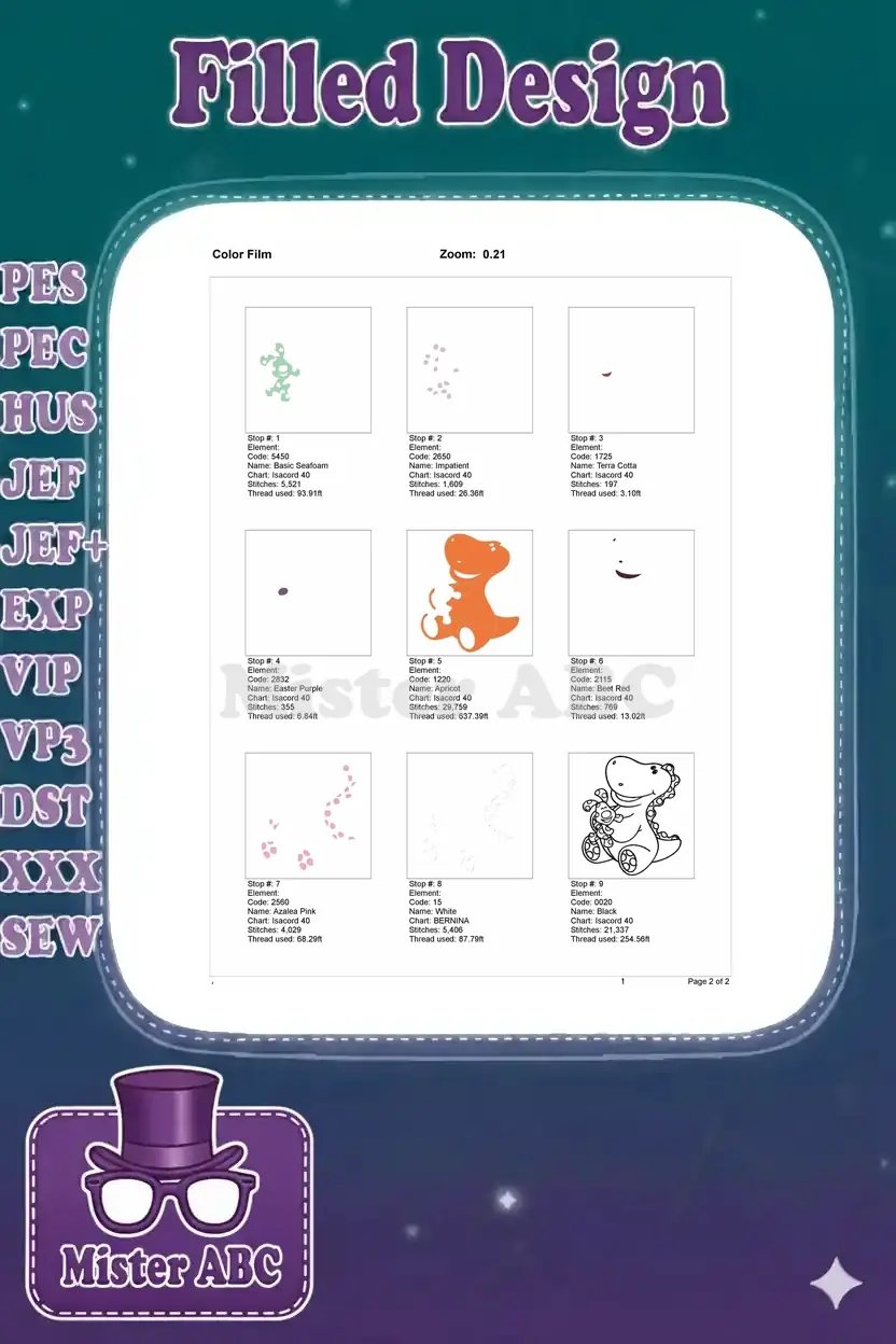 A color film breakdown showing each individual stitch stop and thread color sequence for the dinosaur design.