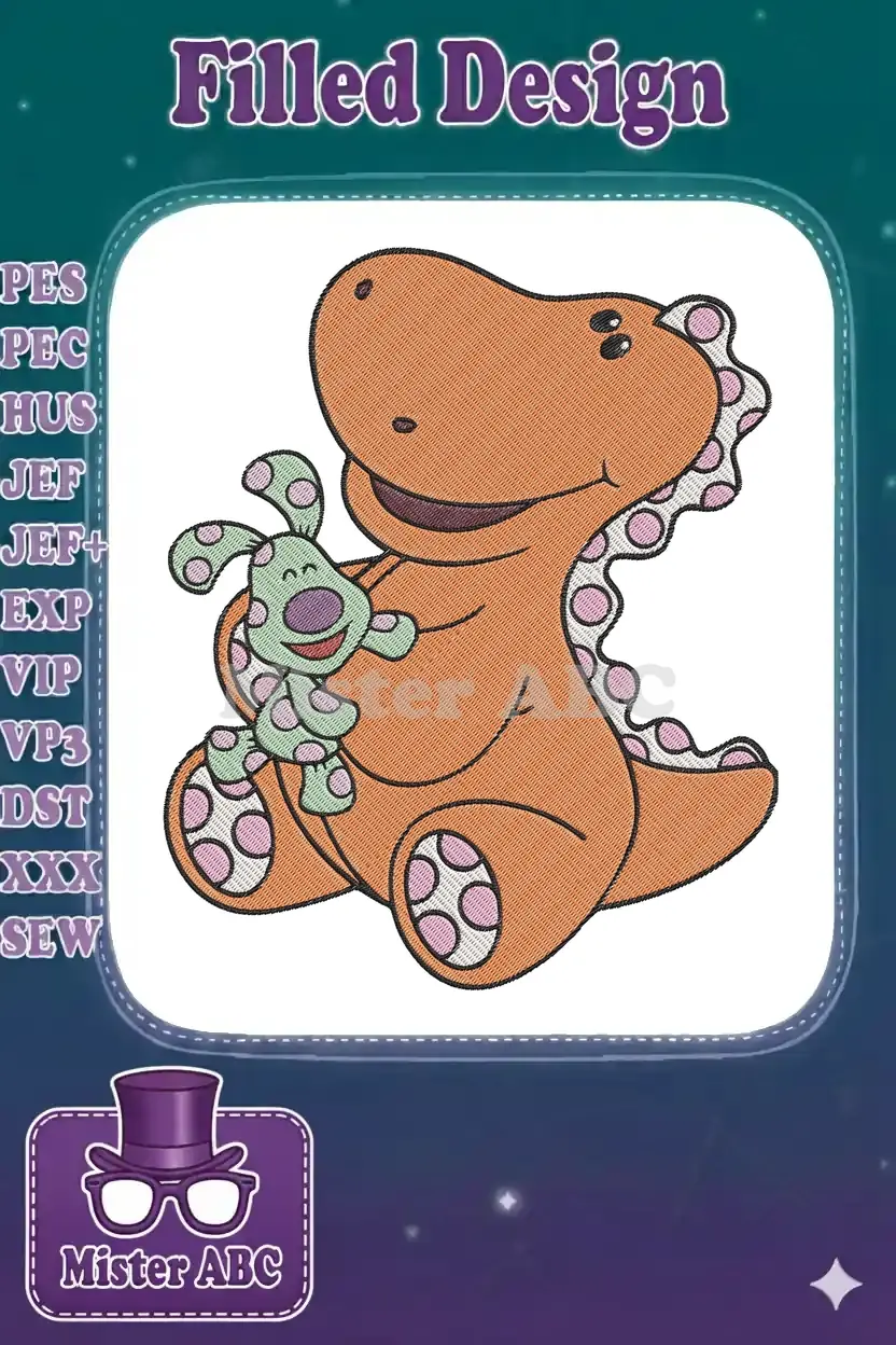 A friendly orange dinosaur with dotted scales, happily embracing a small green polka-dotted bunny plush toy.