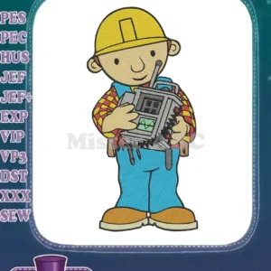 An energetic embroidery of Bob the Builder holding a walkie-talkie, ready for construction adventures on fabric.