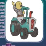 Friendly Cartoon Man Waving Driving Teal Tractor Embroidery Designs - Instant Download