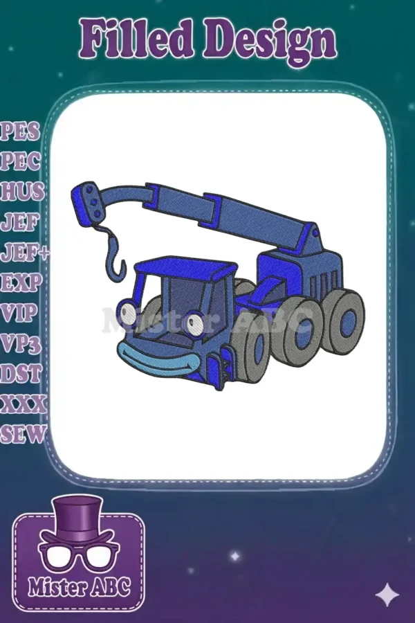 A vibrant blue cartoon crane truck embroidery design, featuring a friendly face and detailed, robust stitching on a white background.