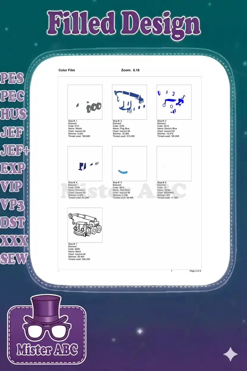 Color film breakdown of the blue cartoon crane truck embroidery design, showing each stitching element in sequence.