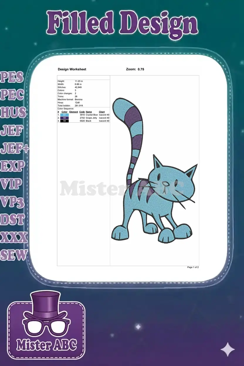 Detailed embroidery design worksheet for the blue striped cat, showing dimensions, stitch count, color sequence, and thread names.