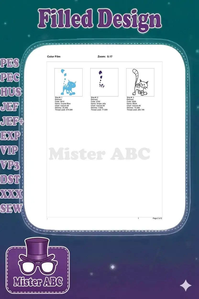 Color film breakdown of the blue striped cat embroidery, showing each color stop, stitch count, and thread usage per color.