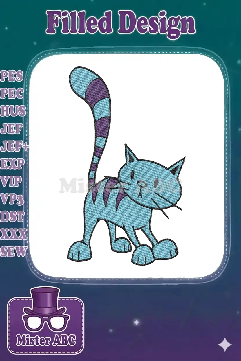 A charming blue cat embroidery design with purple stripes on its tail and back, featuring a playful pose and satin stitch details.