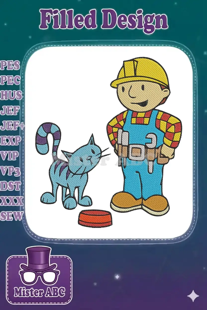 Bob the Builder, the friendly construction worker, stands with his blue cat Pilchard and a red food bowl.