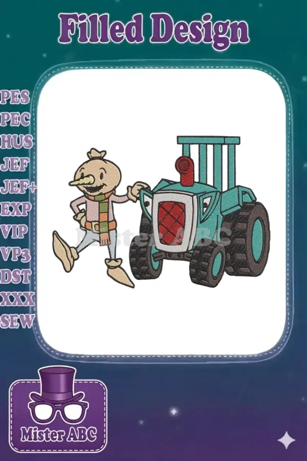 A vibrant embroidery design featuring a cheerful scarecrow in a colorful scarf beside a teal and red cartoon tractor.