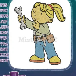 A detailed embroidery design of Wendy from Bob the Builder, standing with a confident smile, holding a silver wrench.