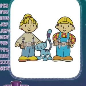 Vibrant embroidery design of Bob the Builder, Wendy, and Pilchard the cat, ready for any project.