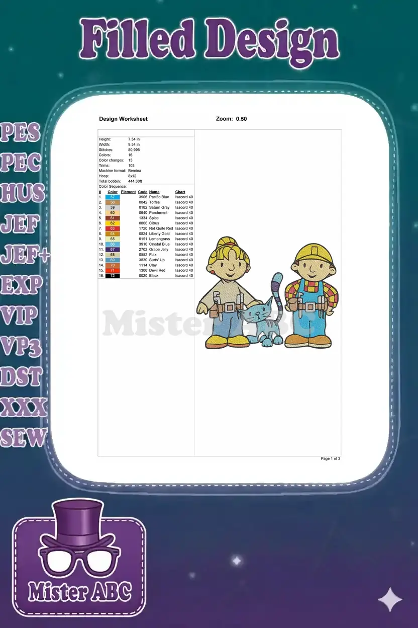 Detailed embroidery design worksheet showing dimensions, stitch count, color sequence, and machine info.