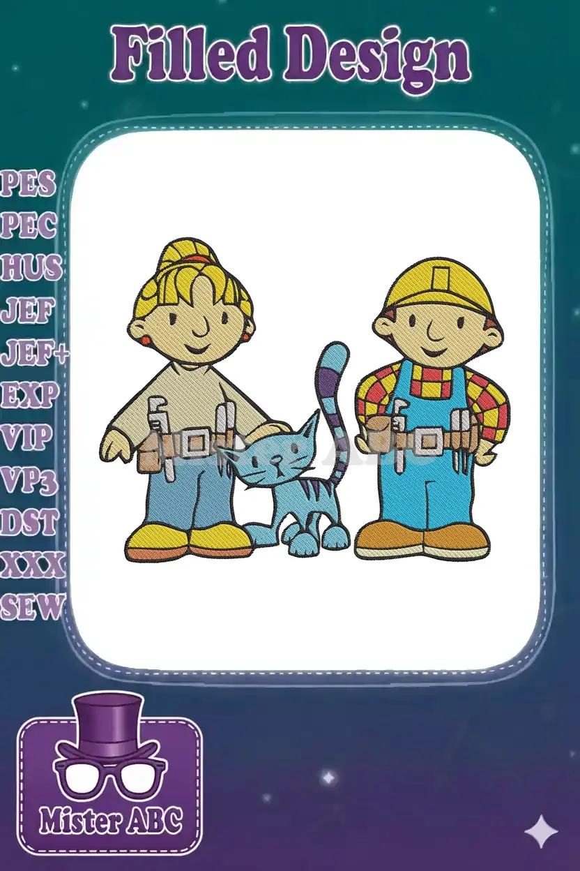Vibrant embroidery design of Bob the Builder, Wendy, and Pilchard the cat, ready for any project.