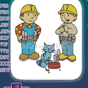 Bob the Builder and Pilchard embroidery design, featuring two Bobs and their cat, ready for any construction project.