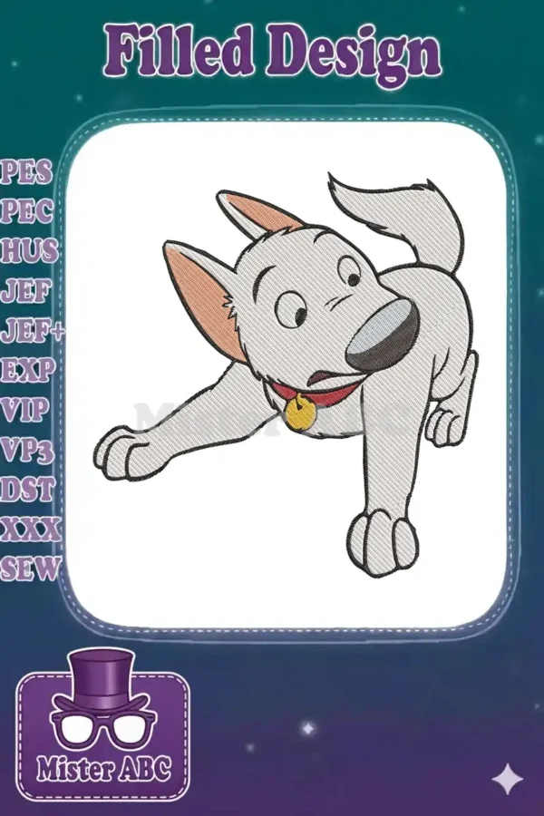 Digital embroidery design of Bolt, the white dog from Disney, in a dynamic pose with a red collar and gold tag.