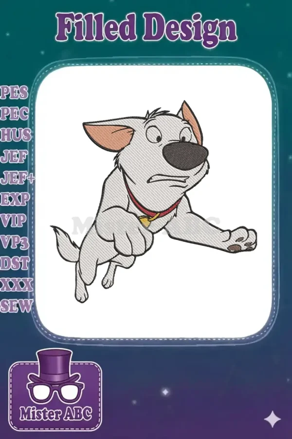 Embroidery design of Bolt, the white dog from Disney's movie, mid-jump with a surprised expression.