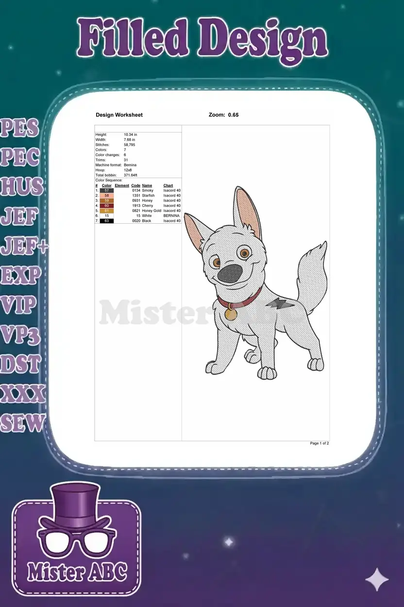 An embroidery design worksheet for Bolt, showing dimensions, stitch count, color sequence, and machine details.