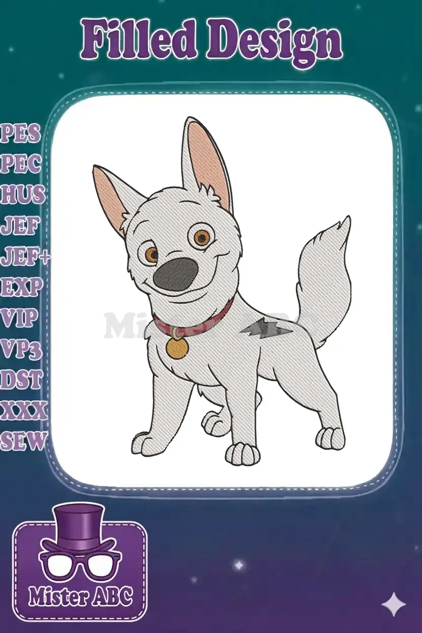 A vibrant, full-color embroidery design of Disney's Bolt, the white German Shepherd, standing with a happy expression.