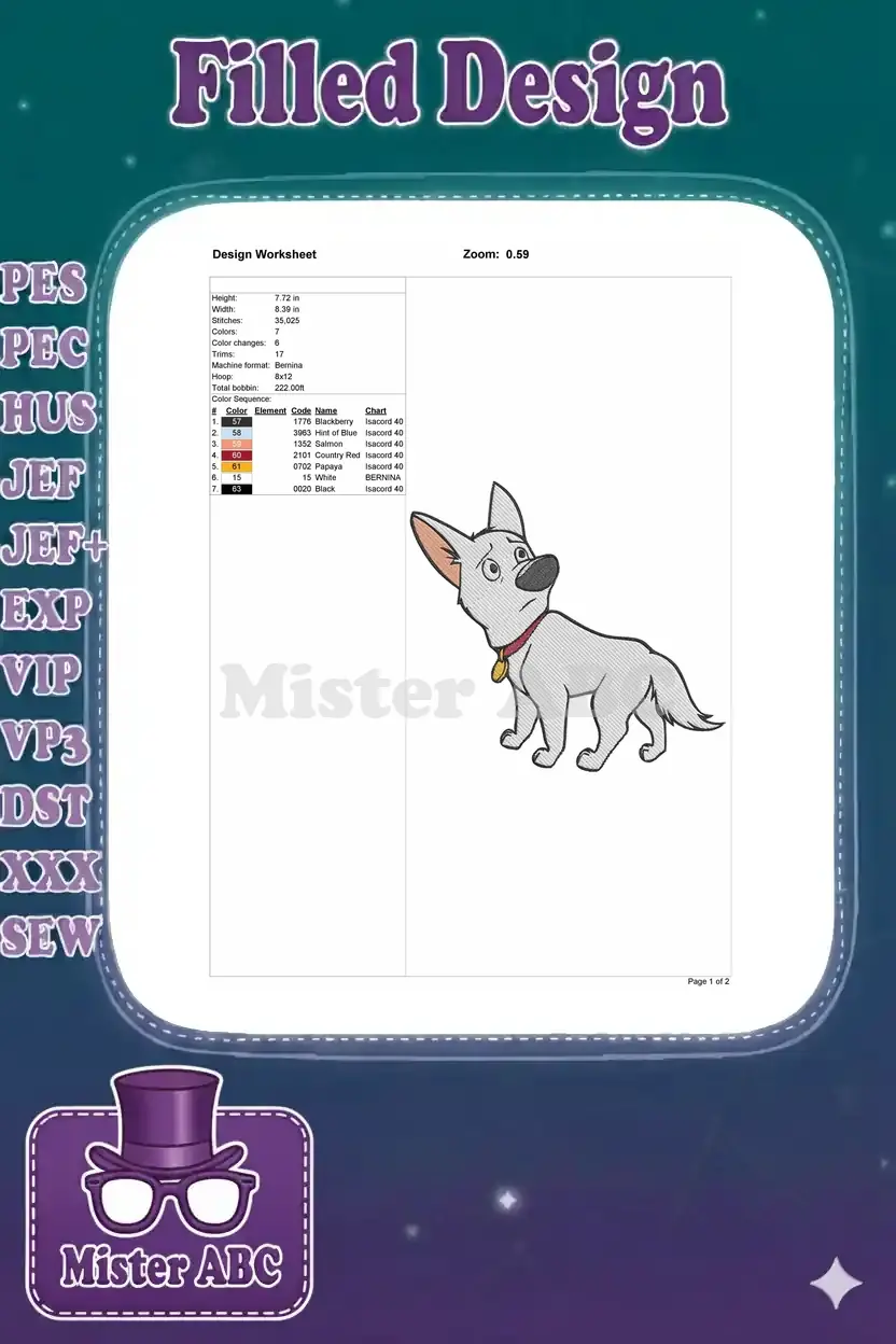 Embroidery design worksheet for Bolt, detailing dimensions, stitch count, colors, and machine compatibility.