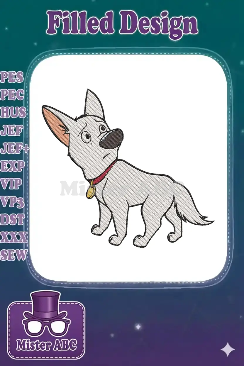 Embroidered design of Bolt, the white dog from Disney, standing with a red collar and gold tag, looking thoughtful.