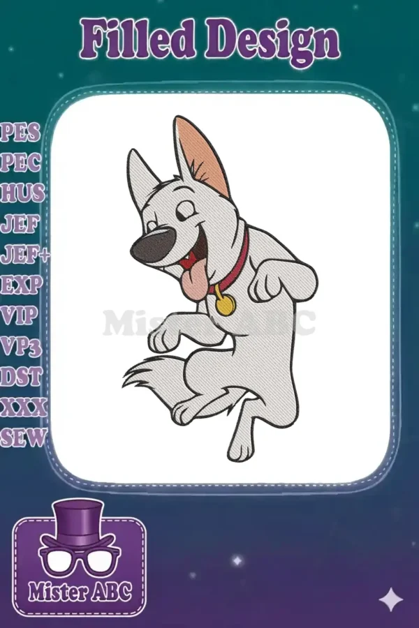 High-quality embroidery design of Bolt the dog from Disney, leaping happily with a red collar and gold tag.