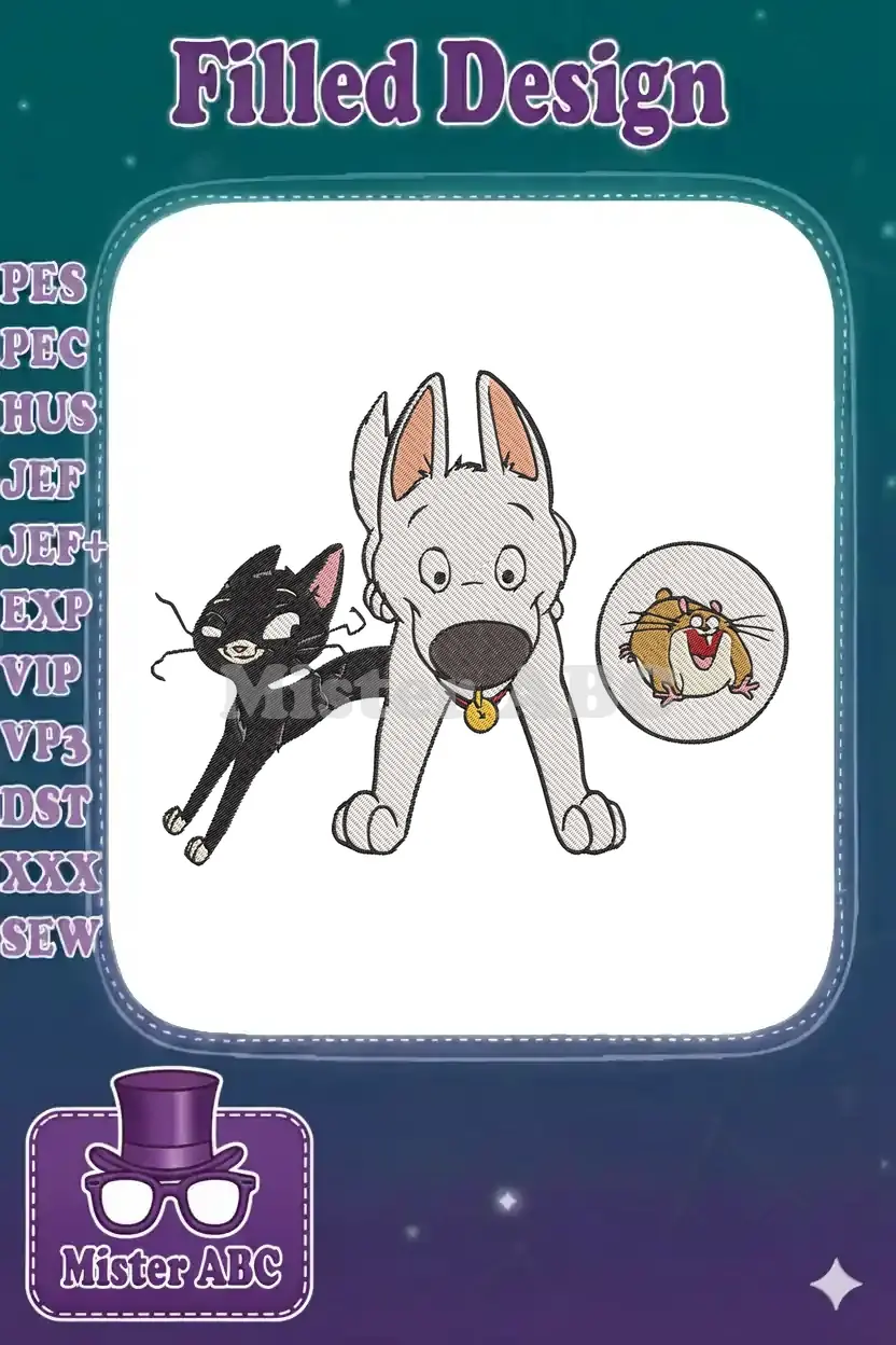 Embroidered design featuring Bolt the dog, Mittens the cat, and Rhino the hamster in a lively, colorful scene.