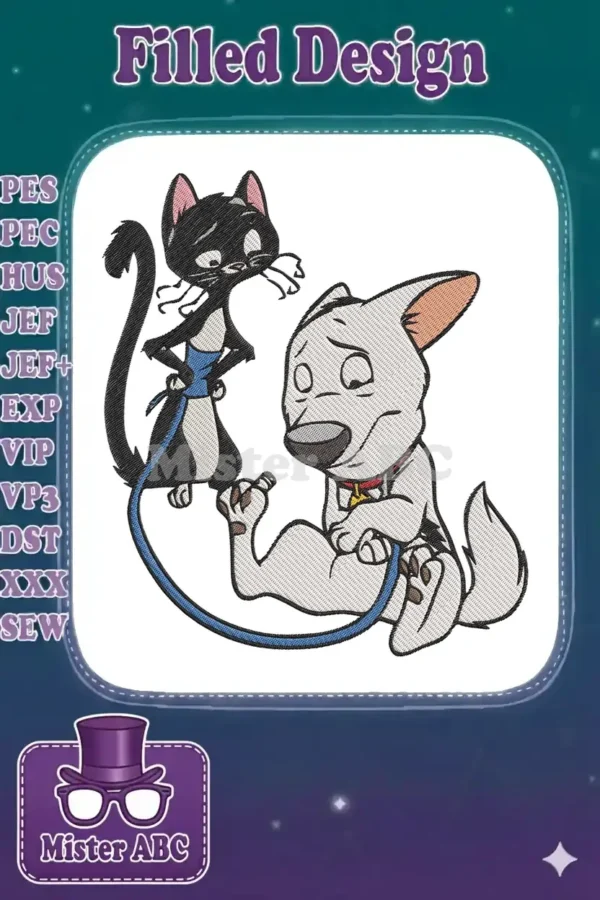 A detailed embroidery design featuring Bolt, the white dog, and Mittens, the black cat, from Disney's Bolt.