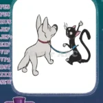 Leashed white dog meeting playful black cat cartoon embroidery designs - Instant Download