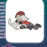 Adorable cartoon girl with red hair hugging white dog embroidery designs - Instant Download