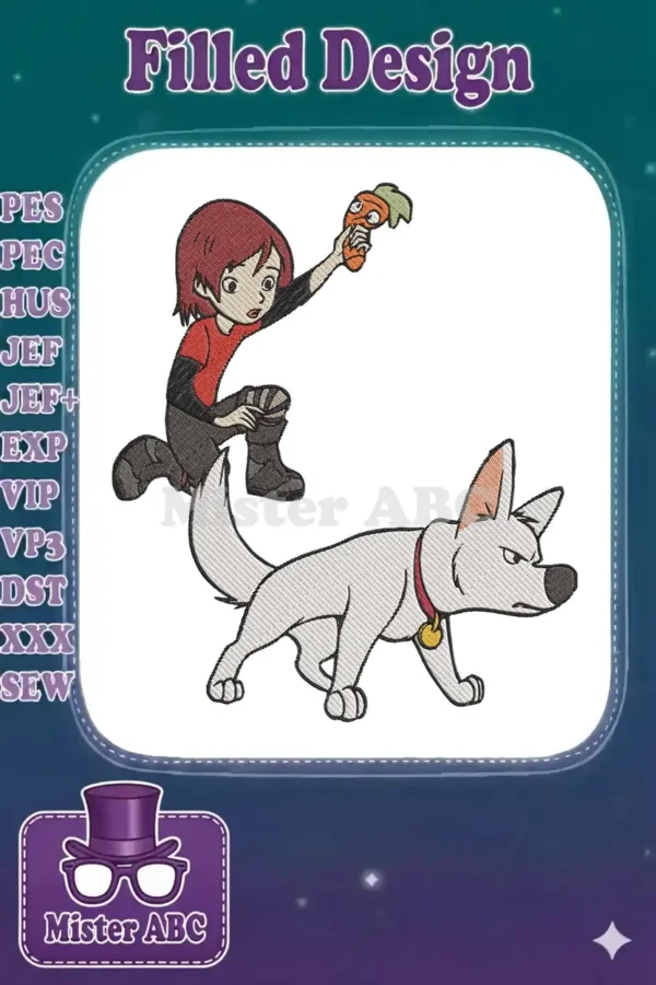 Full-color embroidery design featuring Penny, a girl with red hair, holding a carrot toy, alongside Bolt, a white dog.