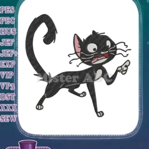 Close-up of a dynamic black cat embroidery design, featuring wide eyes, open mouth, and a pointing paw.