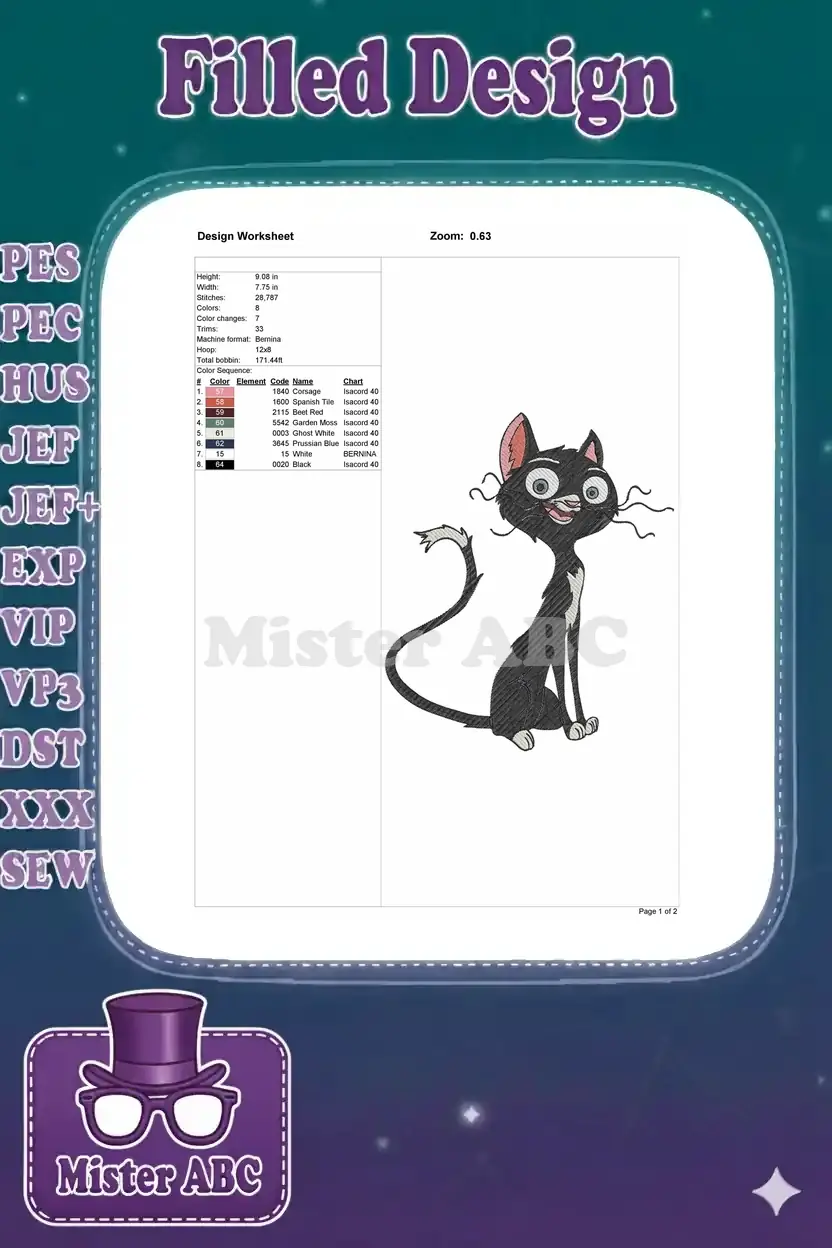 Embroidery design worksheet for the black cat, showing dimensions, stitch count, color sequence, and machine format.