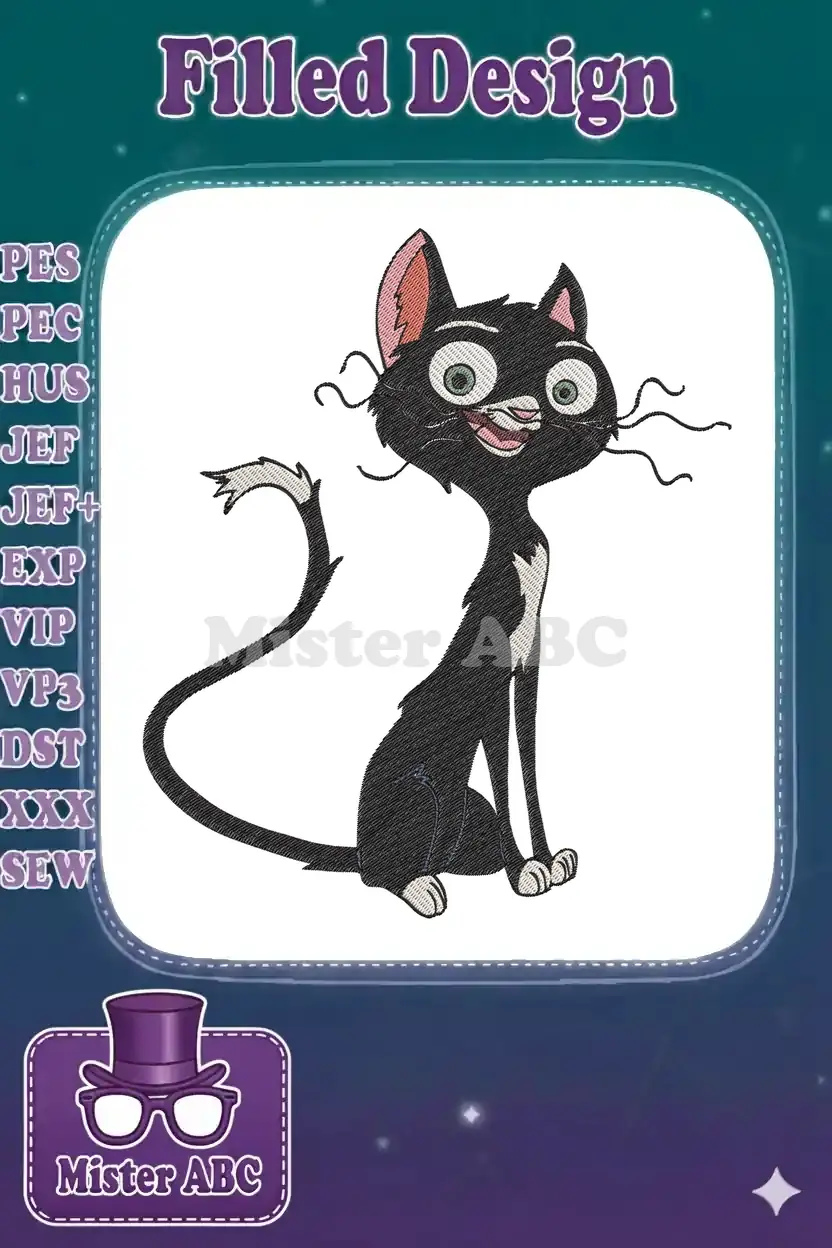 Close-up of a delightful black cat embroidery design with large green eyes and a playful expression, perfect for textile projects.