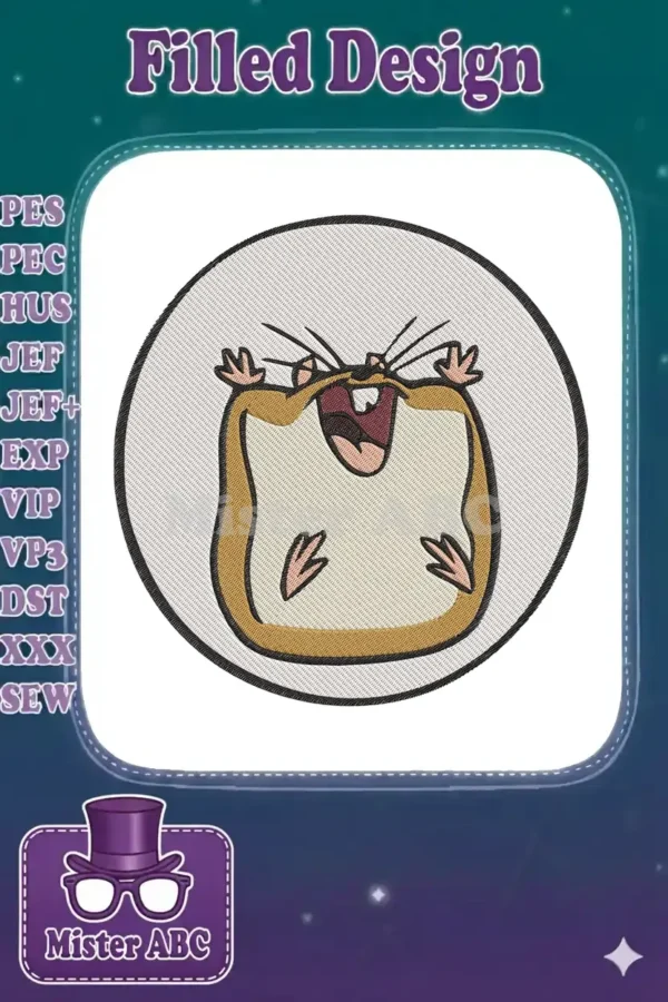 Close-up of a vibrant embroidery design featuring an expressive cartoon hamster, possibly Howdy Hamtaro, screaming.