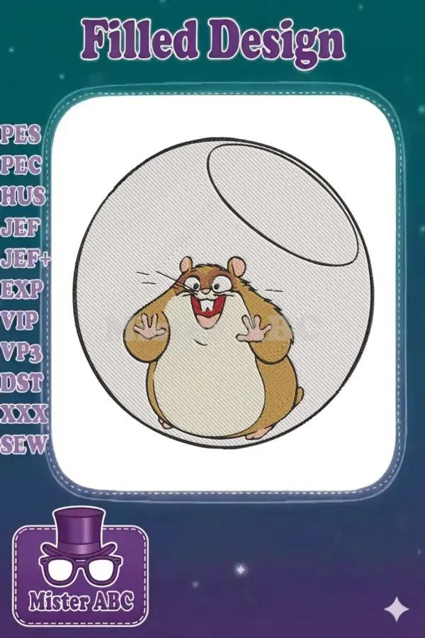 Close-up of a vibrant Hamtaro in a bubble embroidery design, showcasing the adorable hamster's cheerful expression and detailed stitches.