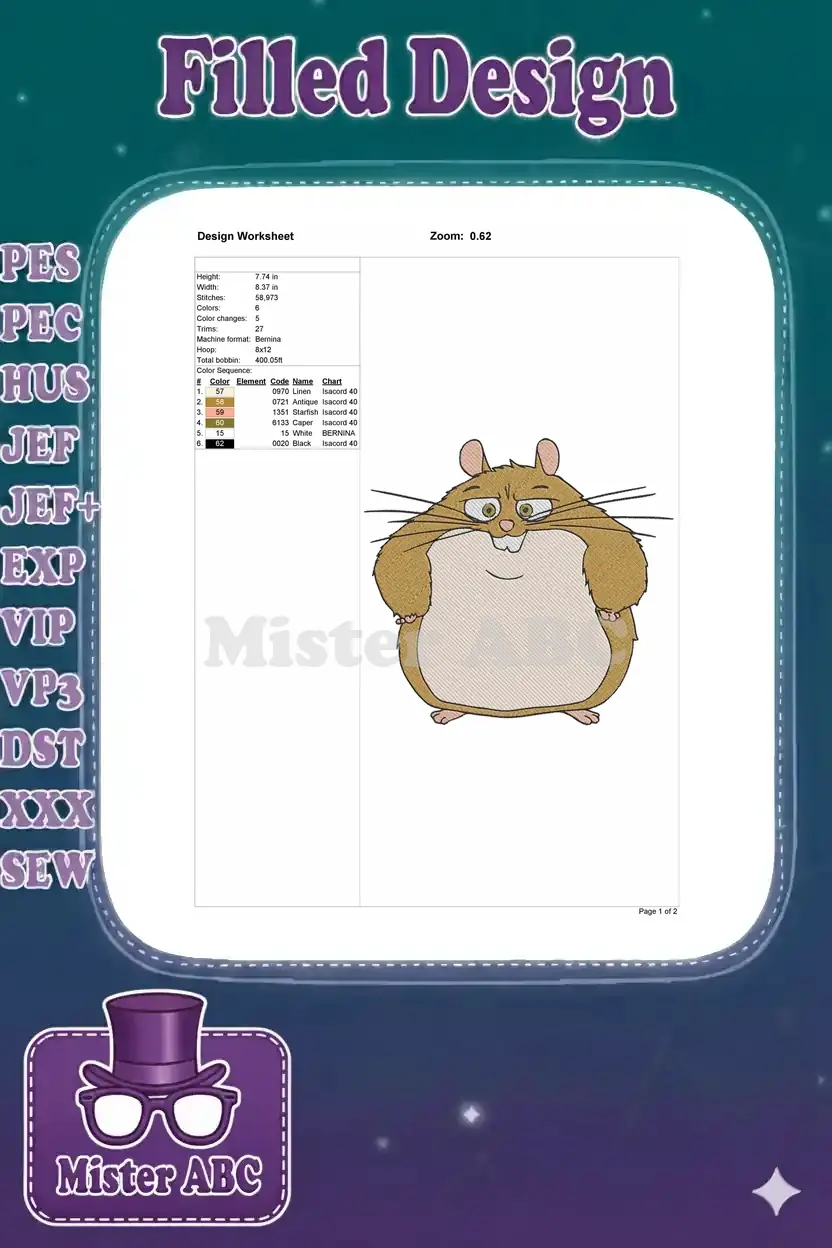 Embroidery design worksheet displaying technical specifications like dimensions, stitch count, colors, and thread sequence for the hamster.
