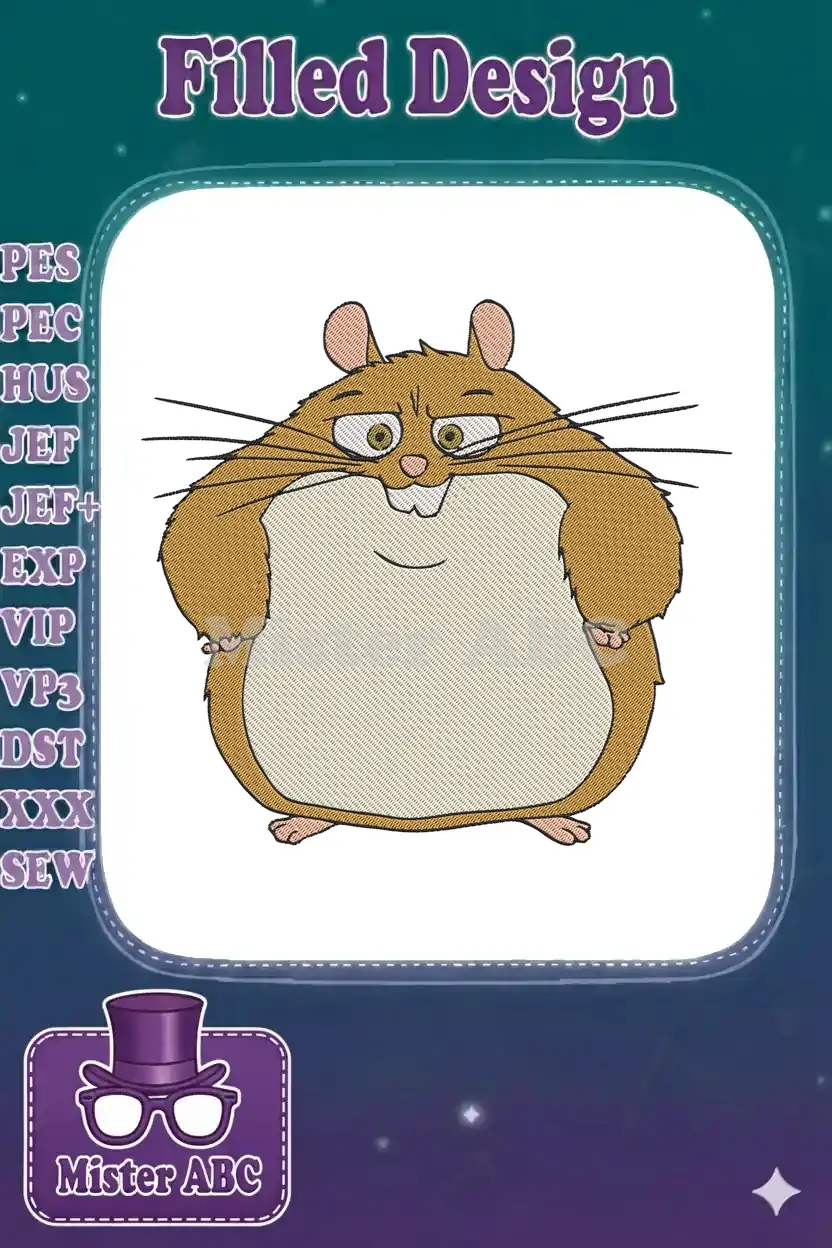 Close-up of a plump, brown cartoon hamster embroidery design with wide eyes and a white belly on a plain background.