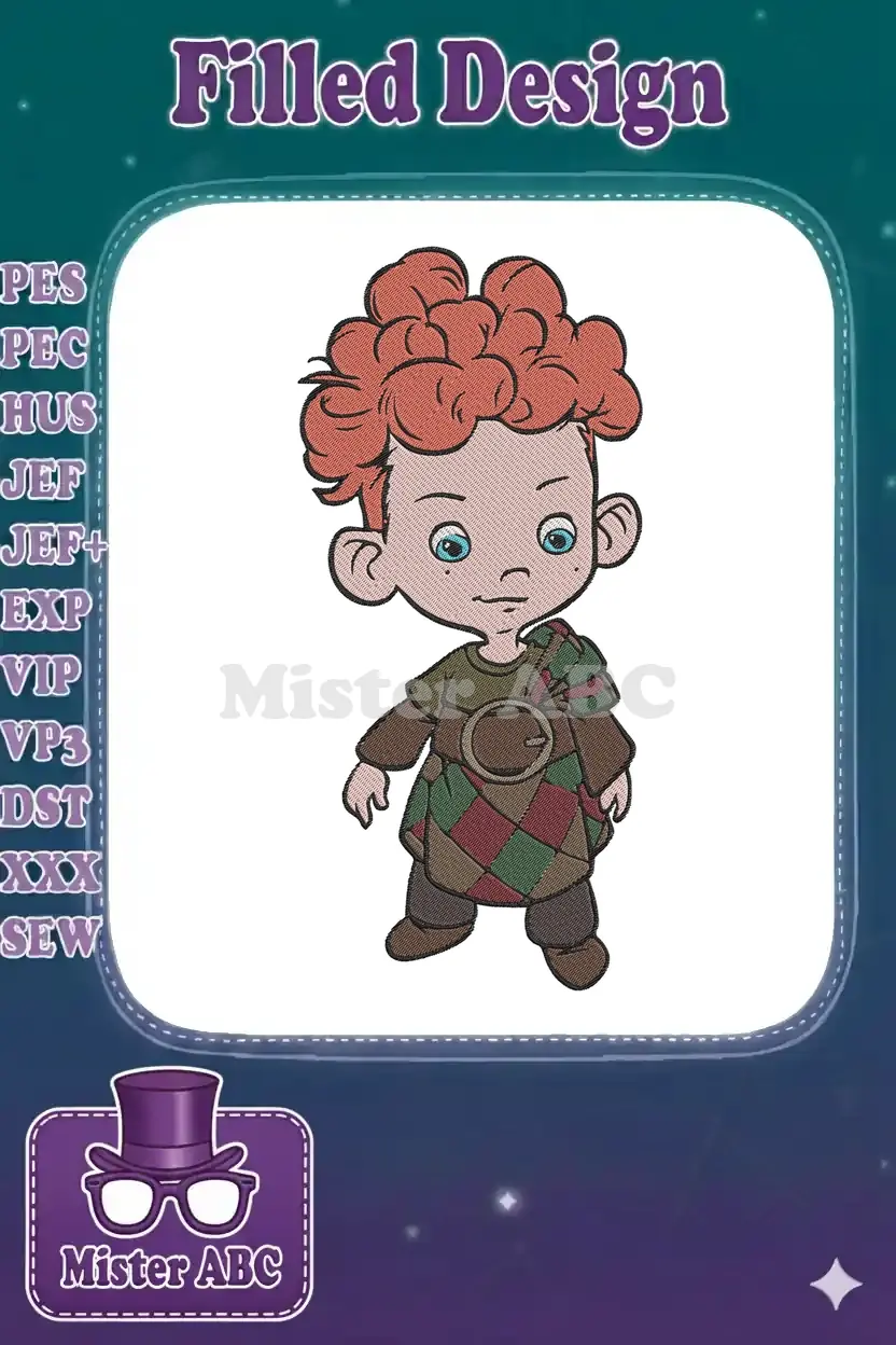 Full-body embroidery of a cheerful, red-haired Scottish boy in traditional attire, featuring vibrant colors and detail.