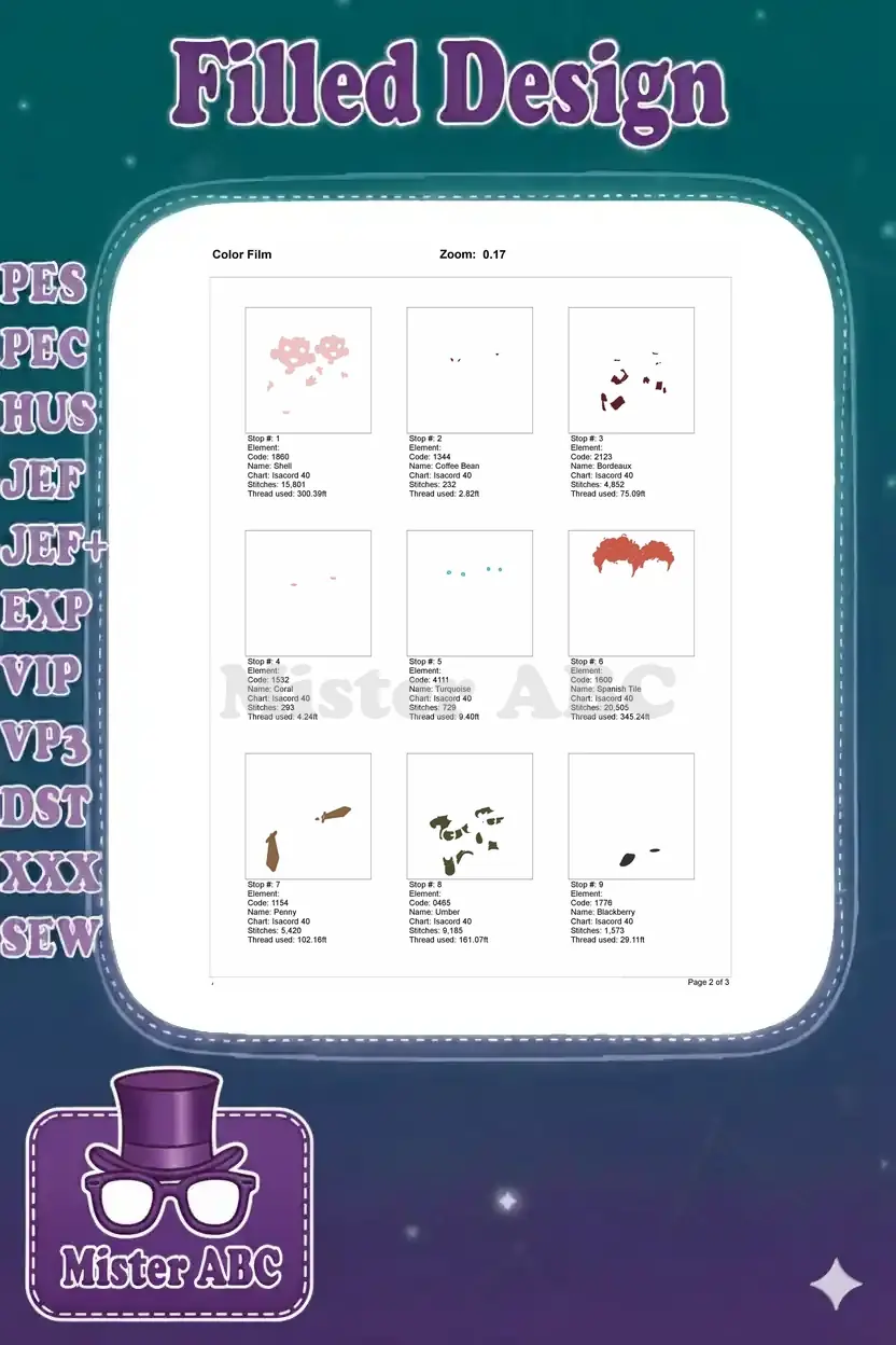 First part of the embroidery color film, showing initial stitch stops and thread usage for the Brave triplets design.