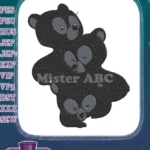 Adorable stacked black teddy bear trio embroidery designs for kids - Instant Download
