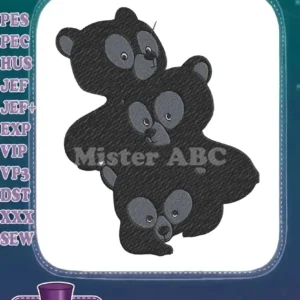 A charming machine embroidery design featuring three intertwined black bears with grey faces, exuding warmth and cuteness.