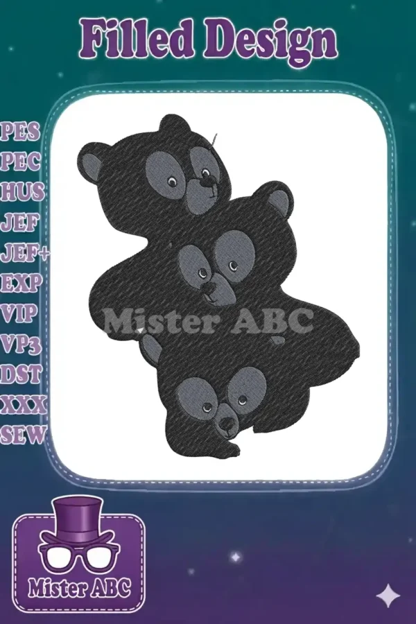 A charming machine embroidery design featuring three intertwined black bears with grey faces, exuding warmth and cuteness.