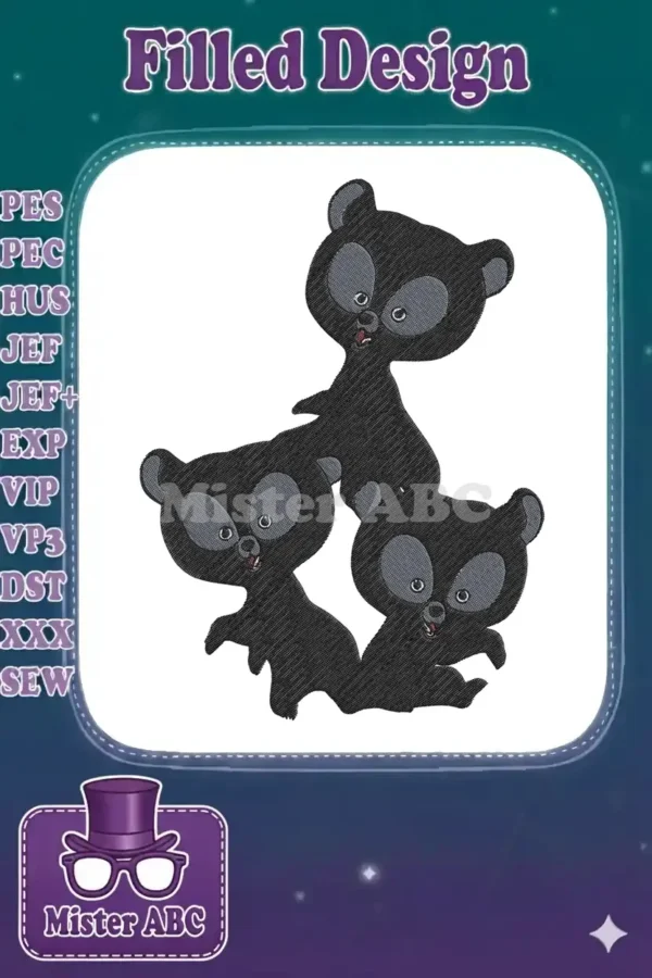 Three playful black bear-like cubs in an embroidery design, featuring detailed fur texture and expressive faces.
