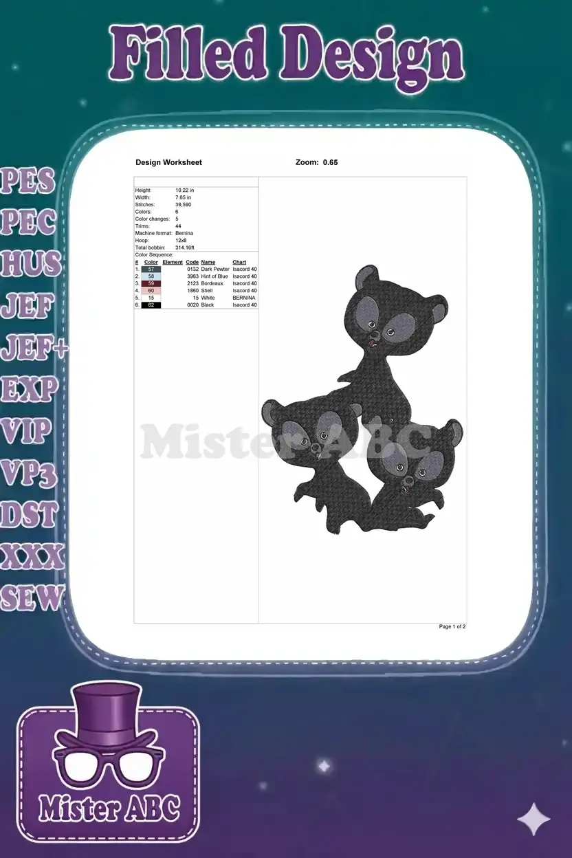 Embroidery Design Worksheet showing dimensions, stitch count, color sequence, and machine specifications.