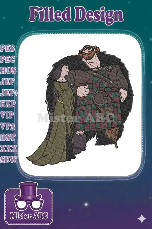A majestic embroidery design featuring King Fergus and Queen Elinor from Disney's Brave, showcasing their royal connection.