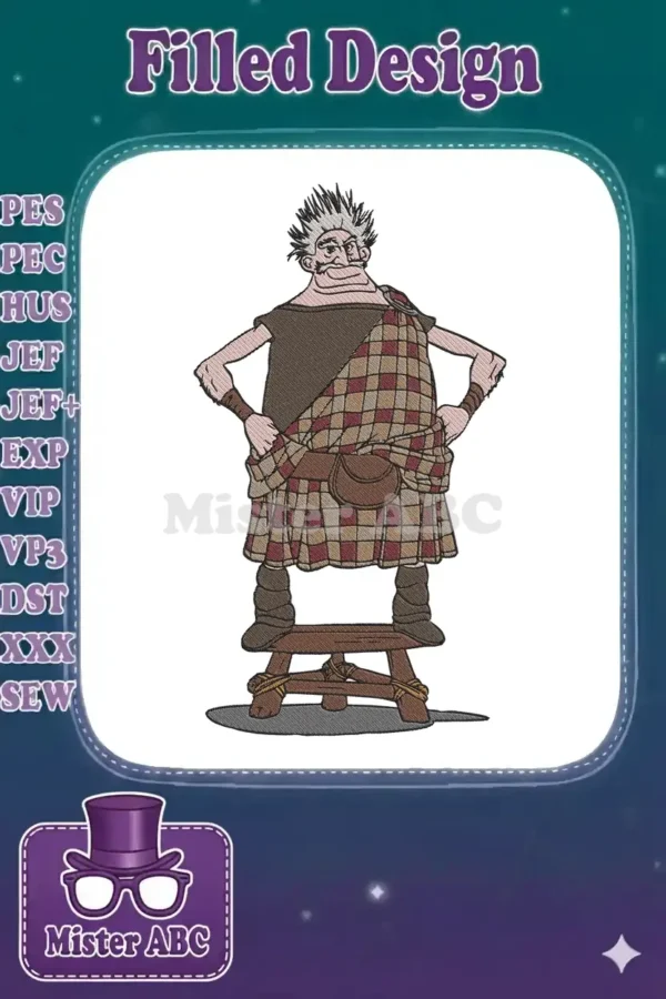 Detailed embroidery design of Lord MacGuffin from Brave, standing proudly in his traditional Scottish kilt.