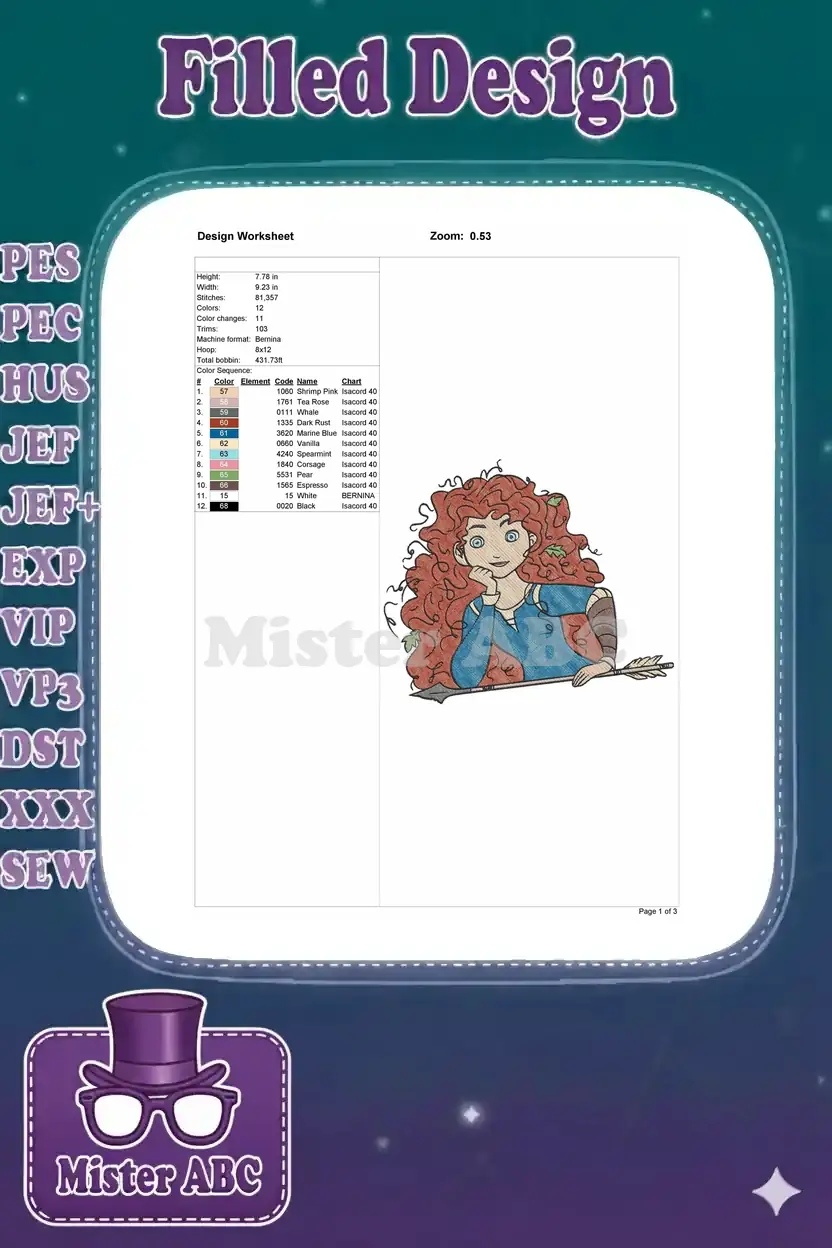 Embroidery design worksheet detailing Merida's specifications: dimensions, stitch count, colors, and hoop size.