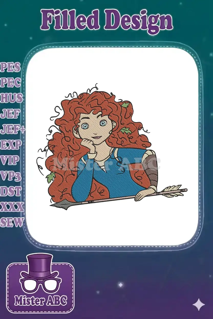 Merida embroidery design with her iconic red curly hair, blue dress, and an arrow, ready for adventure.