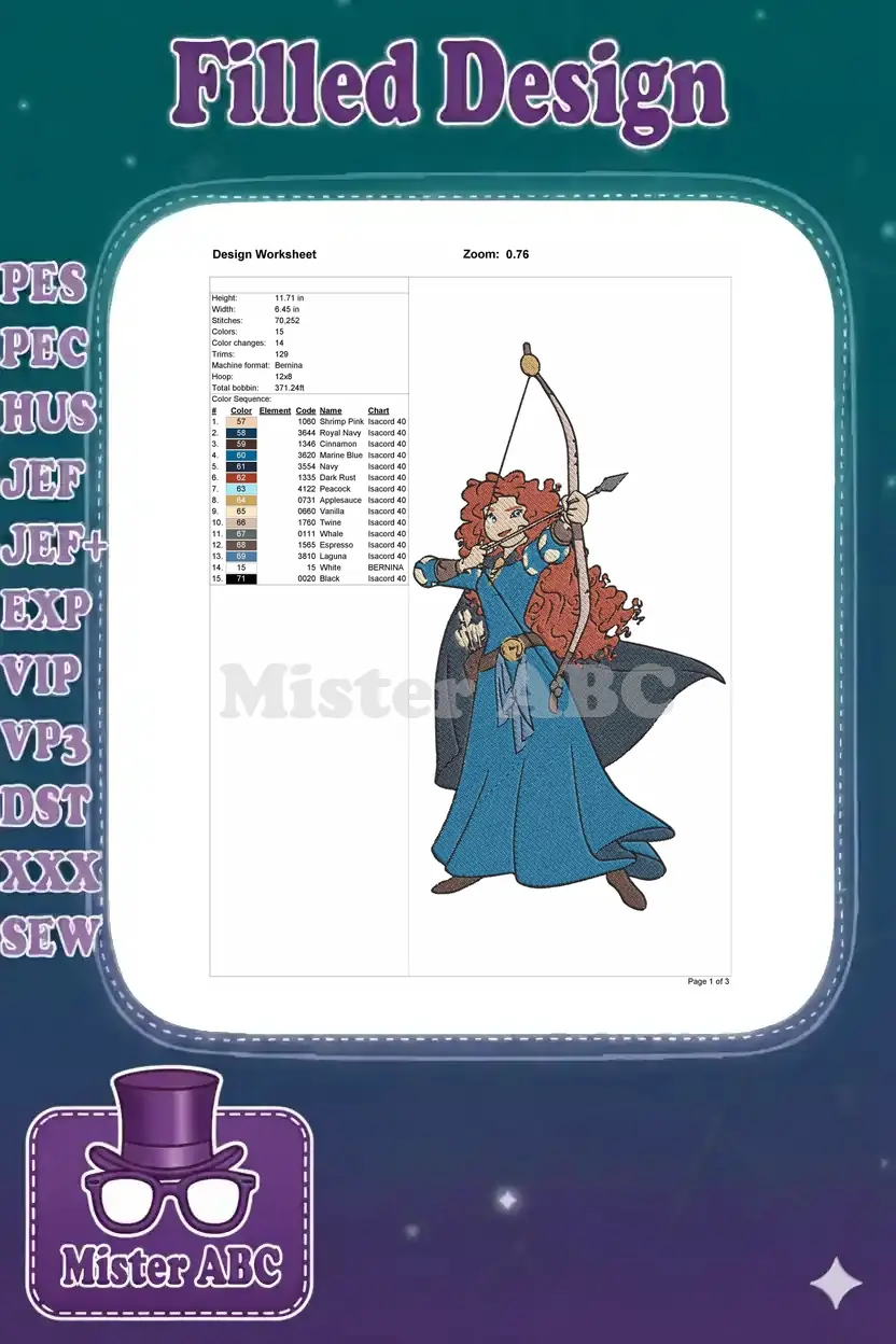 Embroidery design worksheet for Merida, detailing dimensions, stitch count, color sequence, and machine info.